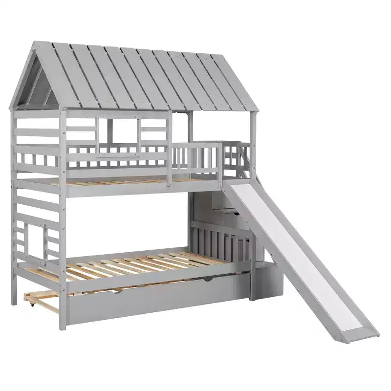Lit superposé maison pour deux lits jumeaux avec lit gigogne et toboggan, escalier de rangement, toit et fenêtres