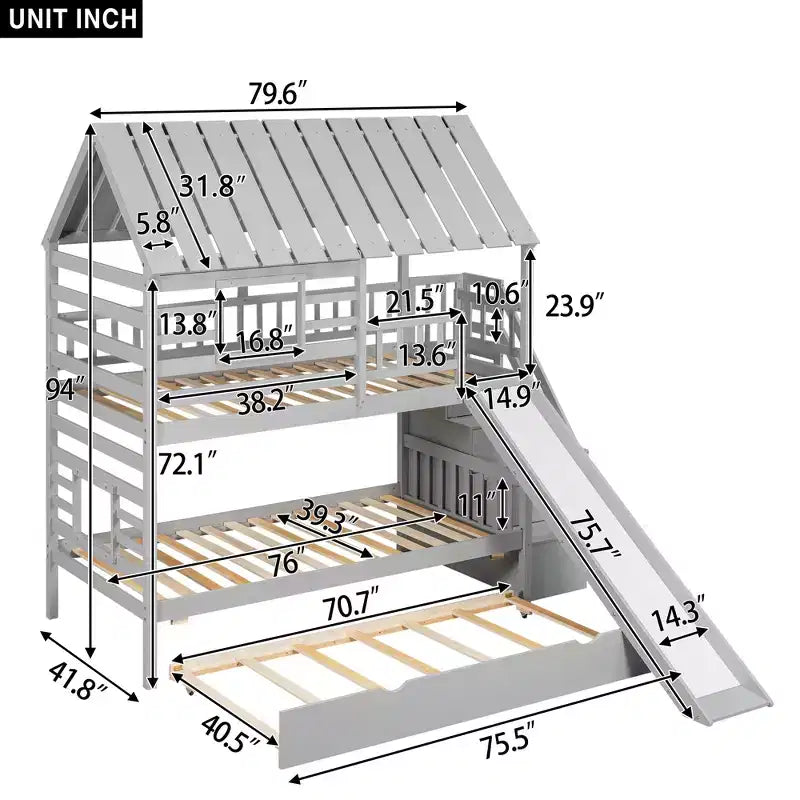 Lit superposé maison pour deux lits jumeaux avec lit gigogne et toboggan, escalier de rangement, toit et fenêtres