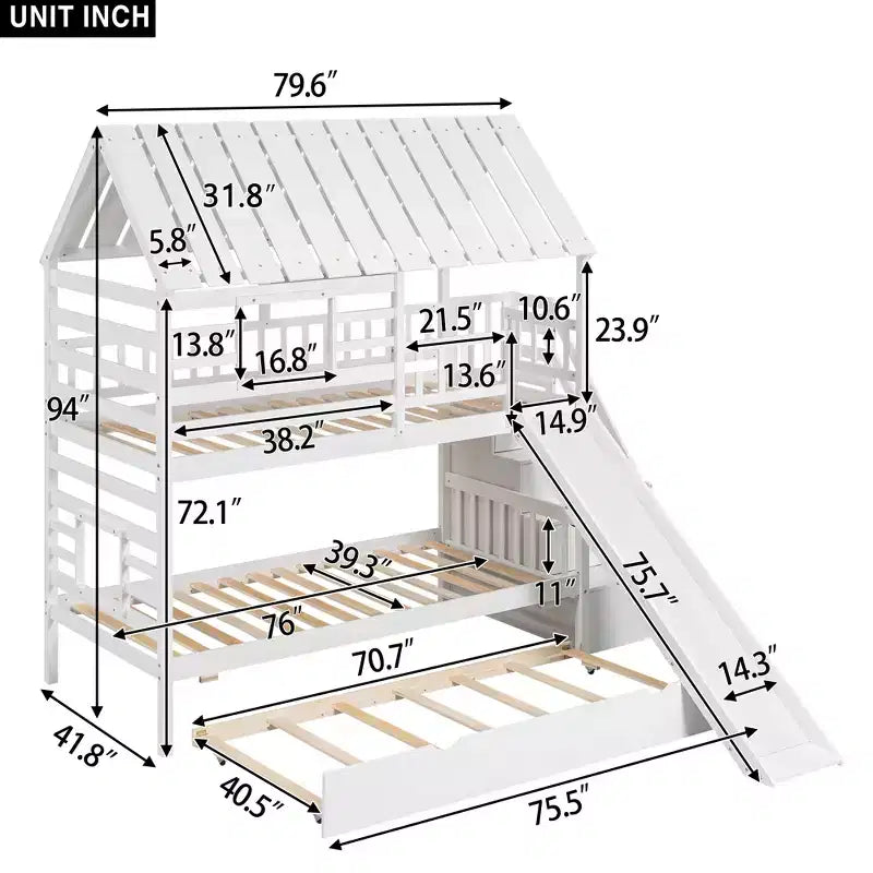 Lit superposé maison pour deux lits jumeaux avec lit gigogne et toboggan, escalier de rangement, toit et fenêtres