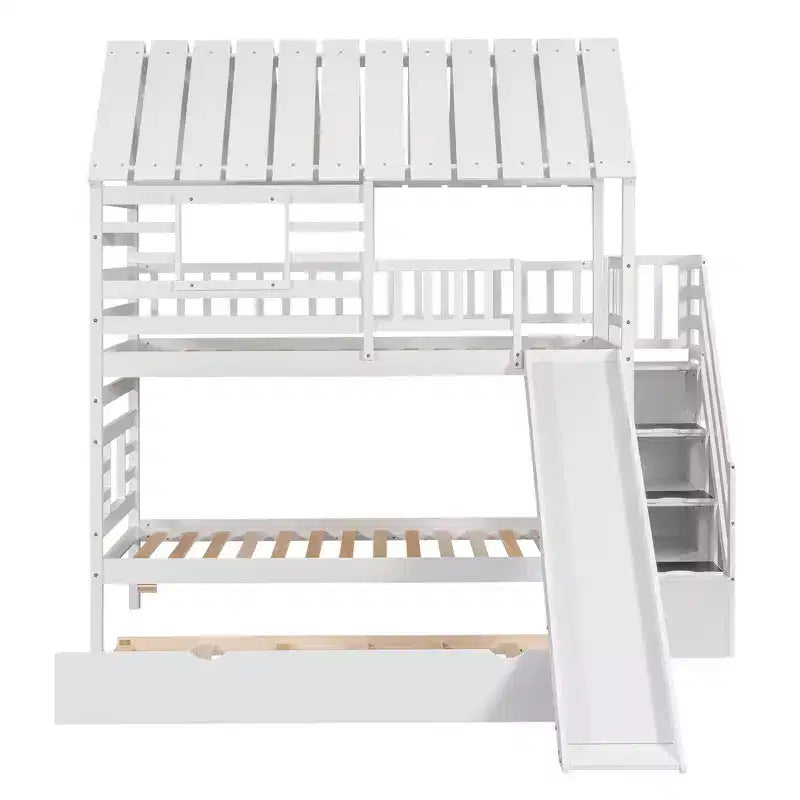 Lit superposé maison pour deux lits jumeaux avec lit gigogne et toboggan, escalier de rangement, toit et fenêtres