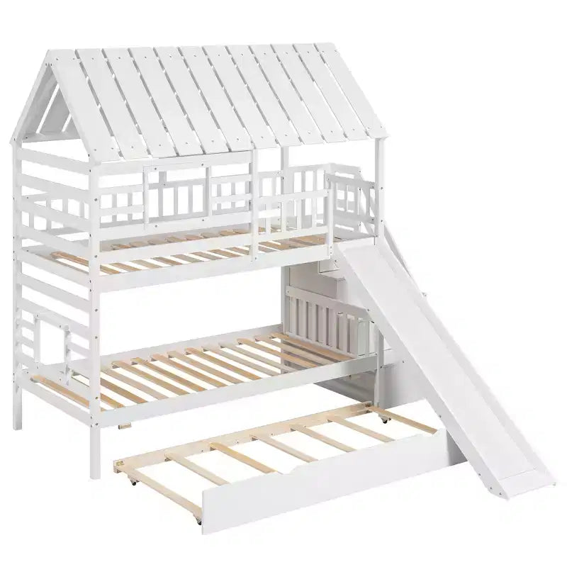 Lit superposé maison pour deux lits jumeaux avec lit gigogne et toboggan, escalier de rangement, toit et fenêtres