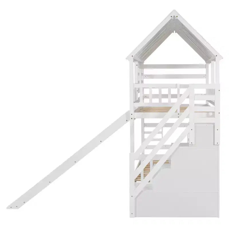 Lit superposé maison pour deux lits jumeaux avec lit gigogne et toboggan, escalier de rangement, toit et fenêtres