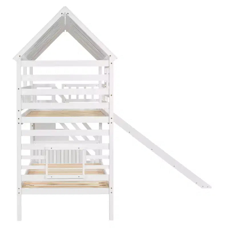 Lit superposé maison pour deux lits jumeaux avec lit gigogne et toboggan, escalier de rangement, toit et fenêtres