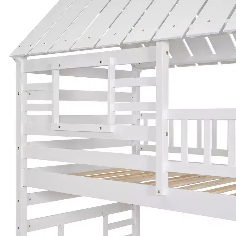 Lit superposé maison pour deux lits jumeaux avec lit gigogne et toboggan, escalier de rangement, toit et fenêtres