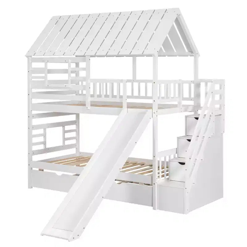 Lit superposé maison pour deux lits jumeaux avec lit gigogne et toboggan, escalier de rangement, toit et fenêtres