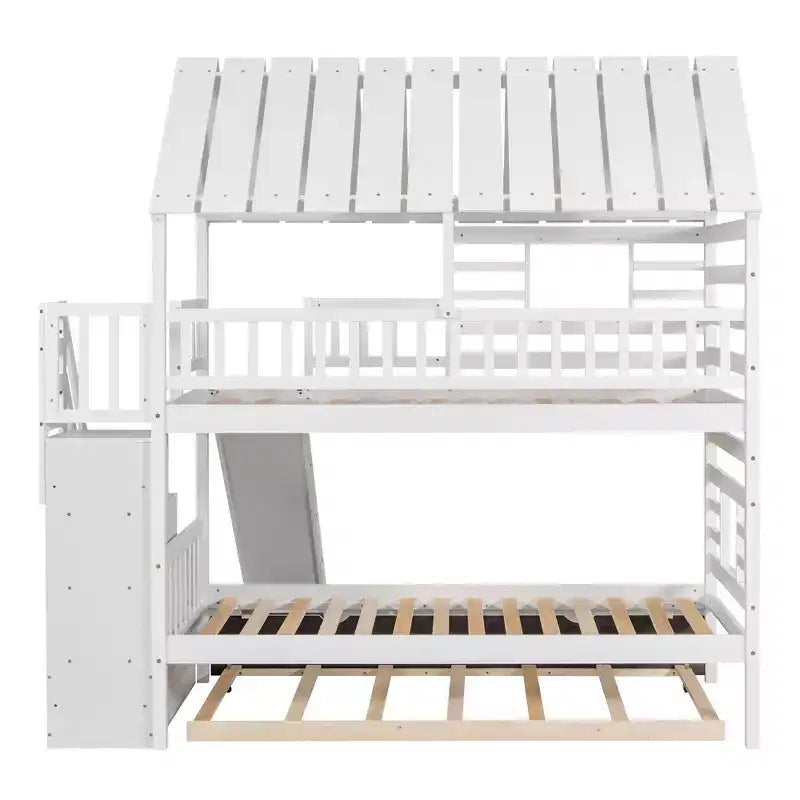 Lit superposé maison pour deux lits jumeaux avec lit gigogne et toboggan, escalier de rangement, toit et fenêtres
