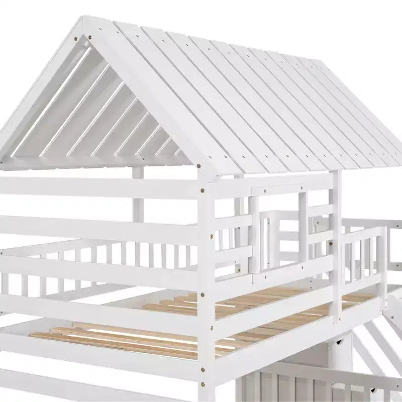 Lit superposé maison pour deux lits jumeaux avec lit gigogne et toboggan, escalier de rangement, toit et fenêtres