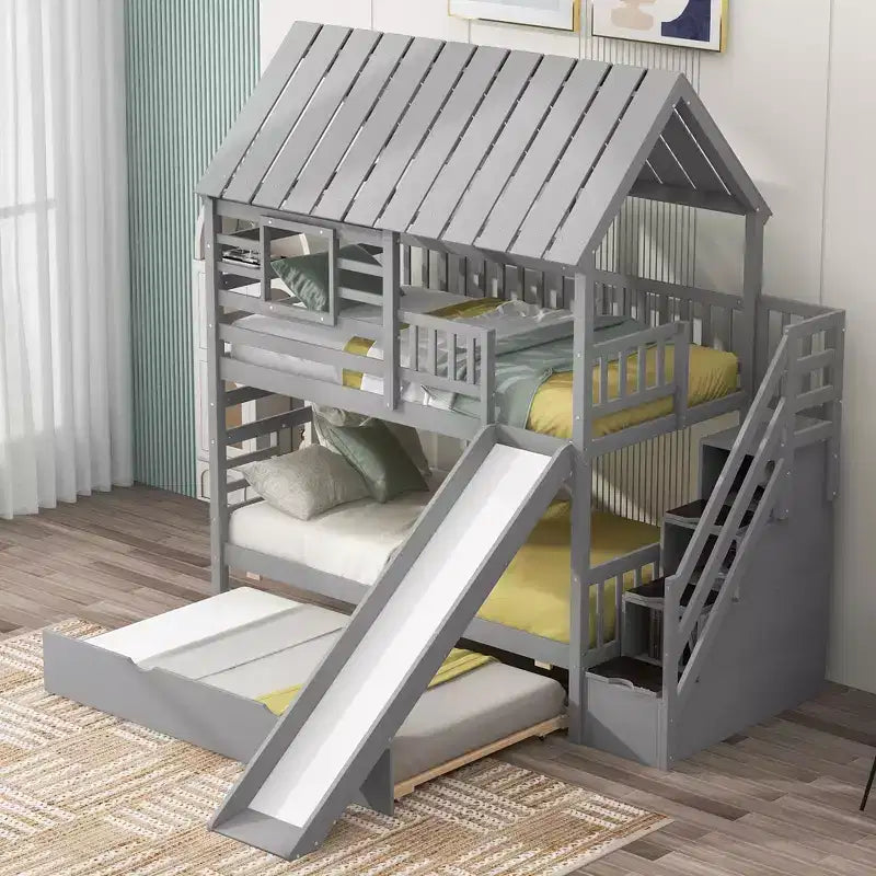 Litera tipo casa de dos camas individuales, con cama nido y tobogán, escalera de almacenamiento, diseño con techo y ventana