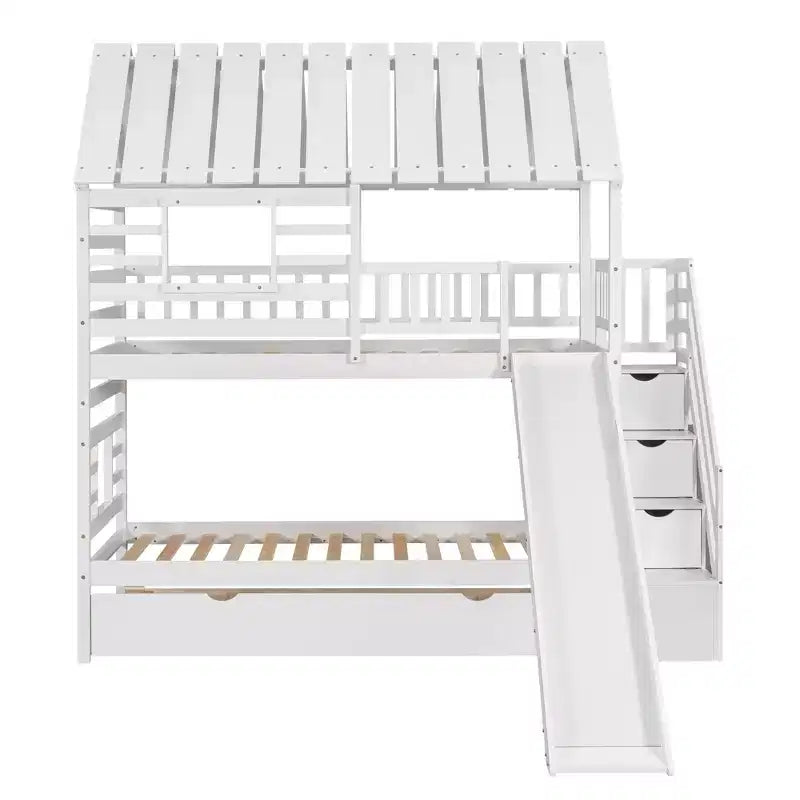 Lit superposé maison pour deux lits jumeaux avec lit gigogne et toboggan, escalier de rangement, toit et fenêtres