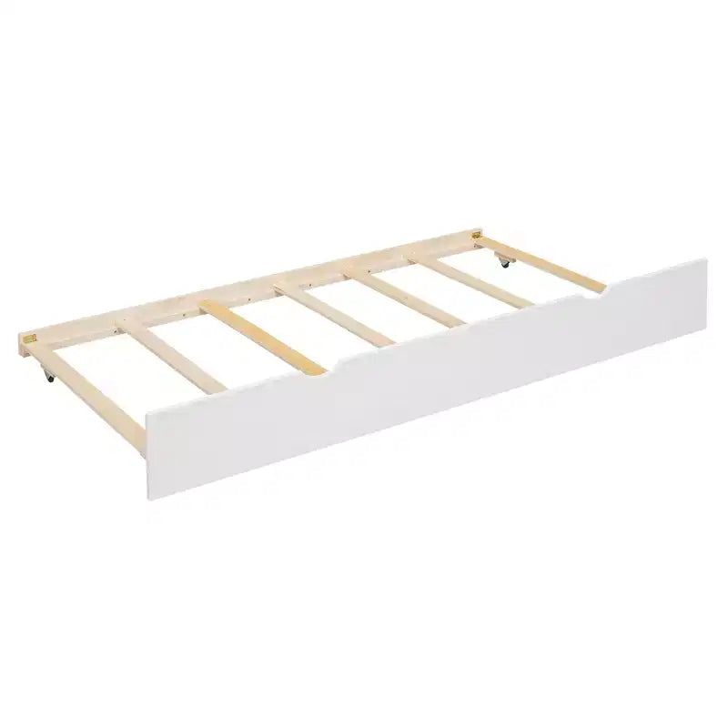 Lit superposé maison pour deux lits jumeaux avec lit gigogne et toboggan, escalier de rangement, toit et fenêtres
