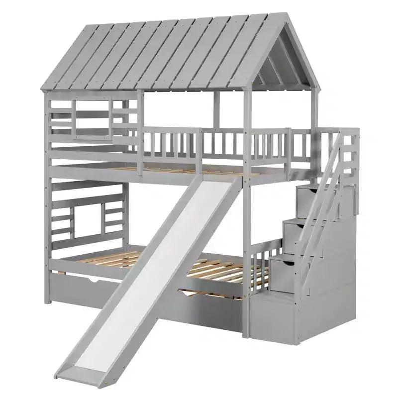 Litera tipo casa de dos camas individuales, con cama nido y tobogán, escalera de almacenamiento, diseño con techo y ventana