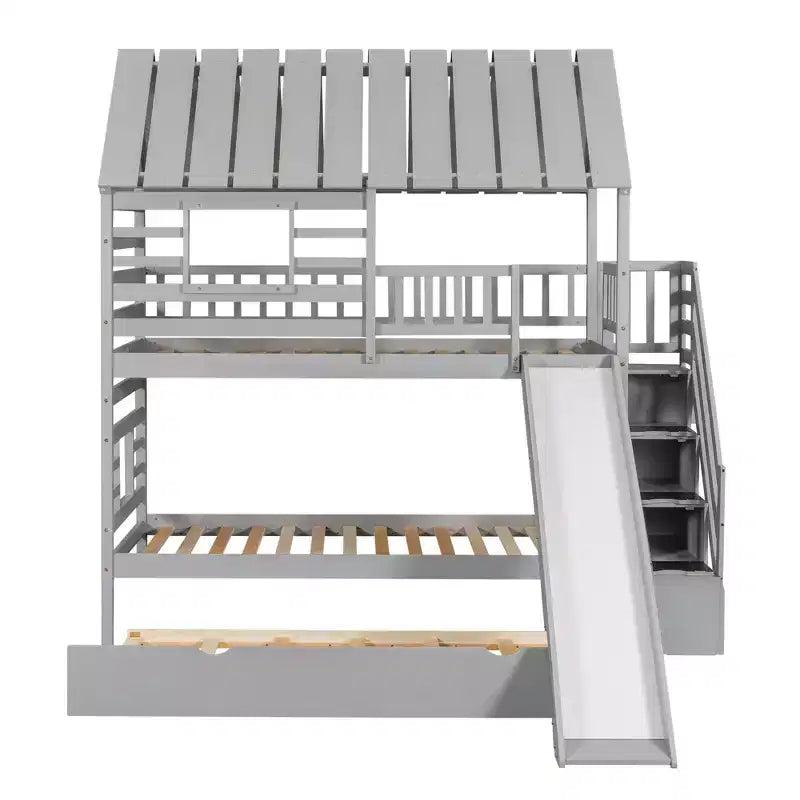 Lit superposé maison pour deux lits jumeaux avec lit gigogne et toboggan, escalier de rangement, toit et fenêtres