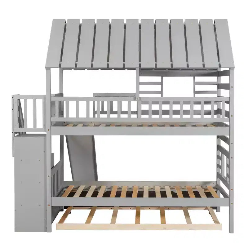Lit superposé maison pour deux lits jumeaux avec lit gigogne et toboggan, escalier de rangement, toit et fenêtres