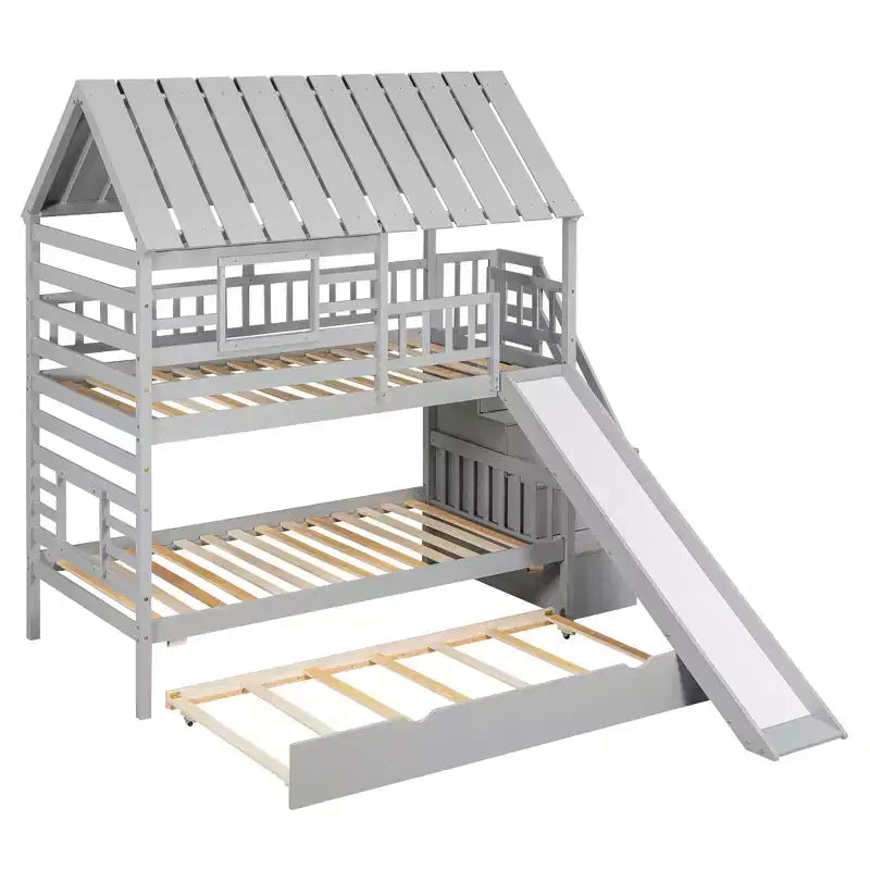 Lit superposé maison pour deux lits jumeaux avec lit gigogne et toboggan, escalier de rangement, toit et fenêtres