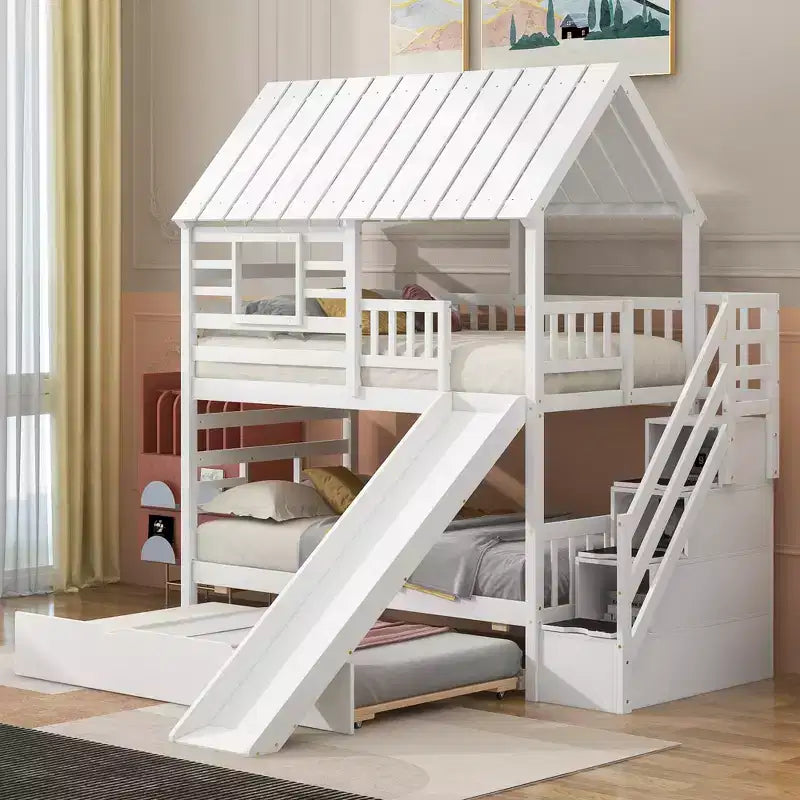 Litera tipo casa de dos camas individuales, con cama nido y tobogán, escalera de almacenamiento, diseño con techo y ventana