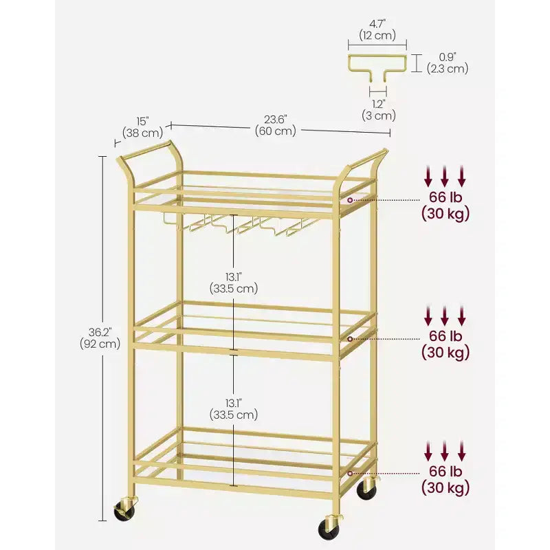Servierwagen für die Hausbar, kleiner Barwagen mit 3 Ablagen, Wein- und Glashaltern, 15 x 23.6 x 36.2 Zoll