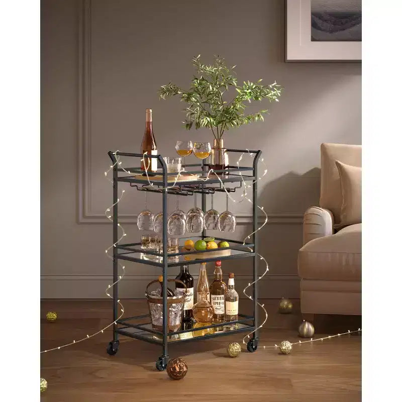 Servierwagen für die Hausbar, kleiner Barwagen mit 3 Ablagen, Wein- und Glashaltern, 15 x 23.6 x 36.2 Zoll