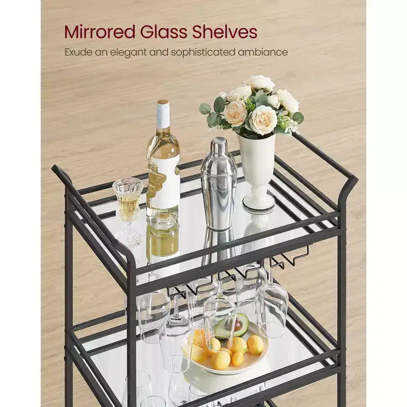 Carrito de bar para el hogar con estante de 3 niveles, soportes para vino y copas, 15 x 23.6 x 36.2 pulgadas