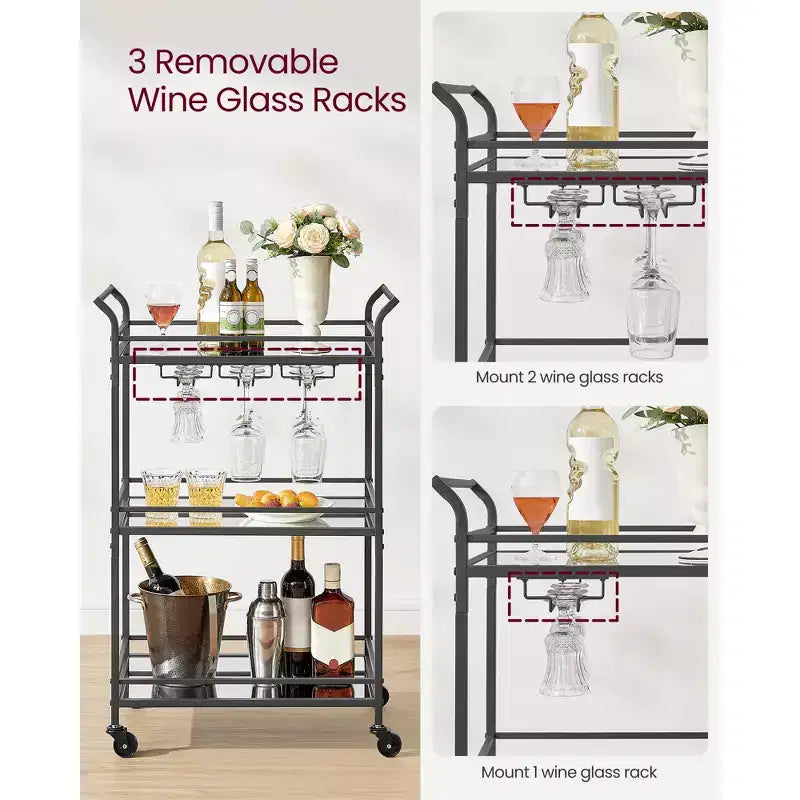 Carrito de bar para el hogar con estante de 3 niveles, soportes para vino y copas, 15 x 23.6 x 36.2 pulgadas
