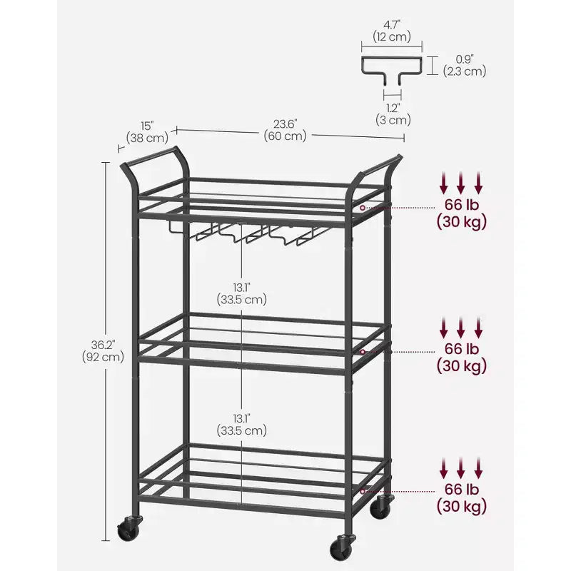 Servierwagen für die Hausbar, kleiner Barwagen mit 3 Ablagen, Wein- und Glashaltern, 15 x 23.6 x 36.2 Zoll
