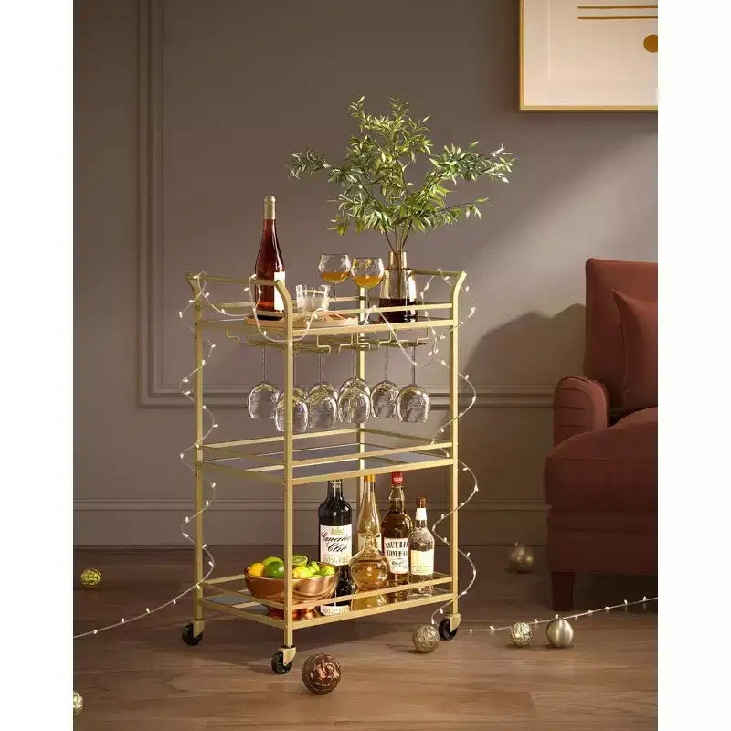 Carrito de bar para el hogar con estante de 3 niveles, soportes para vino y copas, 15 x 23.6 x 36.2 pulgadas