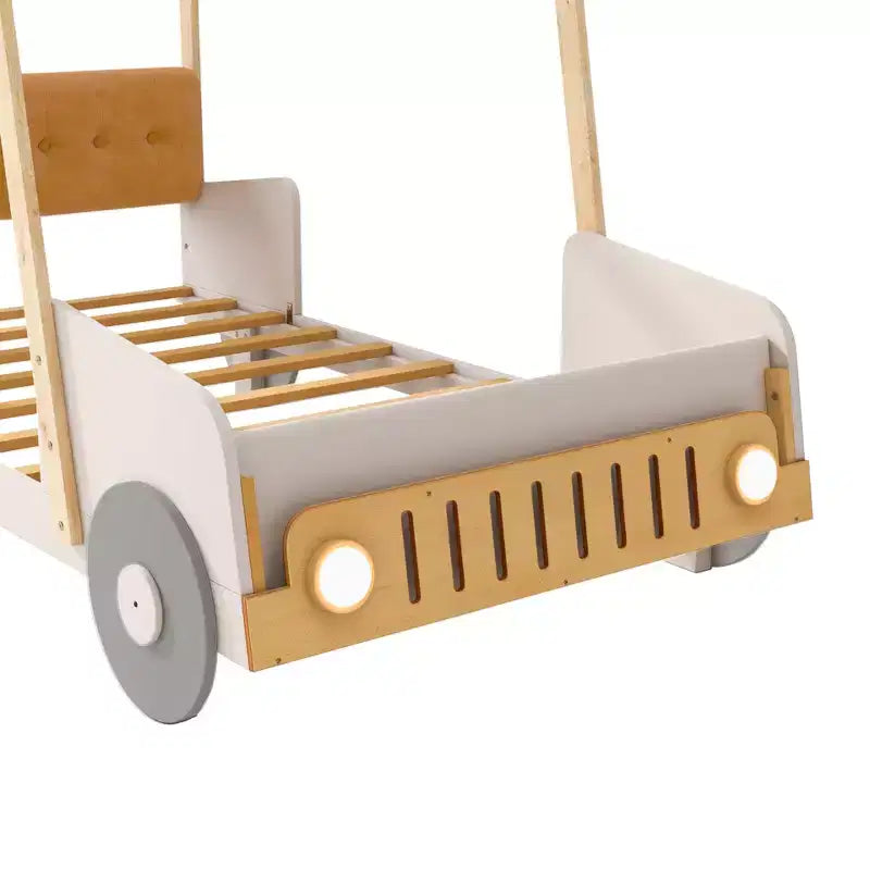 Autobett aus Holz mit Kissen, Betthimmel und LED - Natur