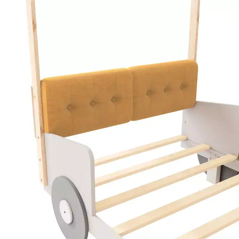 Autobett aus Holz mit Kissen, Betthimmel und LED - Natur