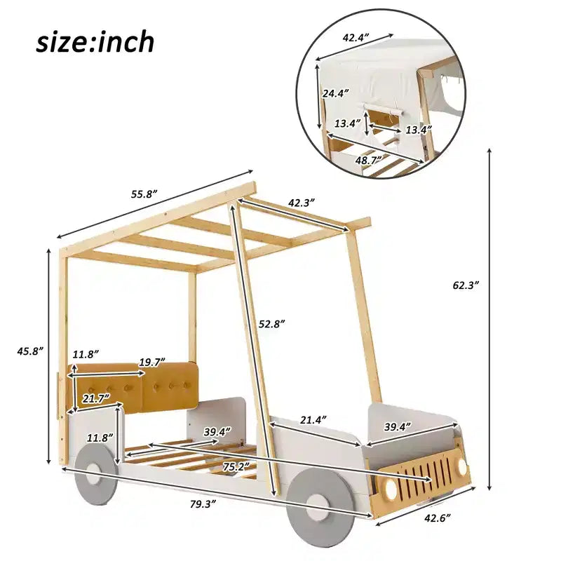 Autobett aus Holz mit Kissen, Betthimmel und LED - Natur