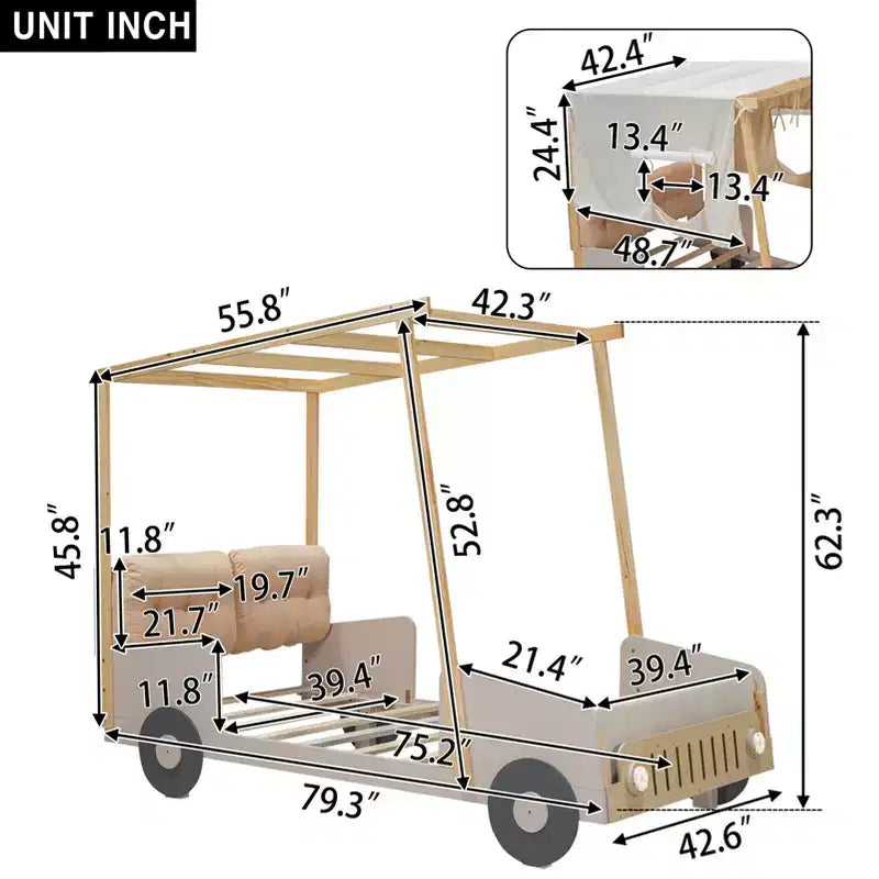 Autobett aus Holz mit Kissen, Betthimmel und LED - Natur