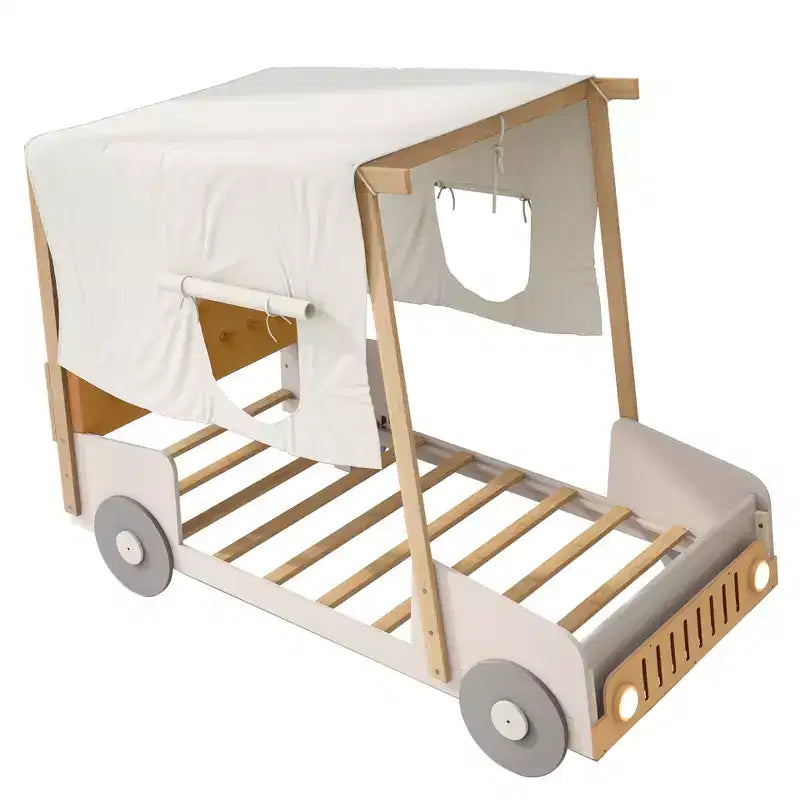 Autobett aus Holz mit Kissen, Betthimmel und LED - Natur