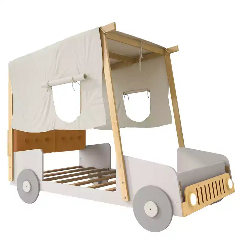 Autobett aus Holz mit Kissen, Betthimmel und LED - Natur