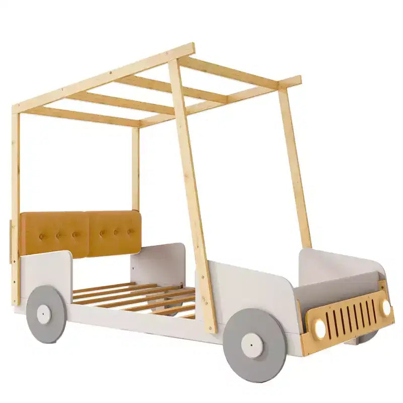 Autobett aus Holz mit Kissen, Betthimmel und LED - Natur