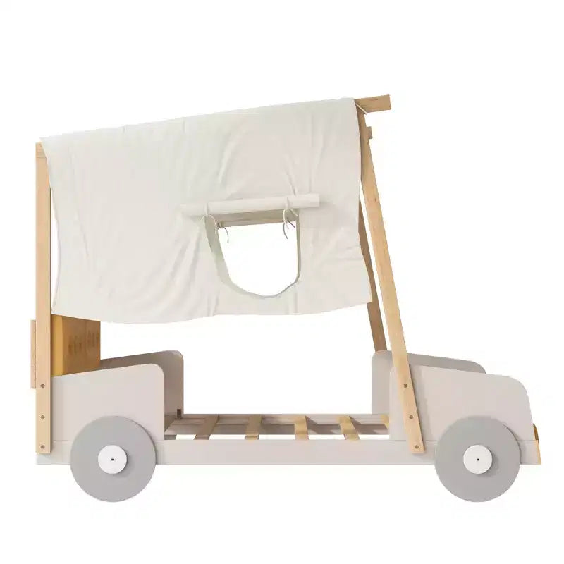 Autobett aus Holz mit Kissen, Betthimmel und LED - Natur