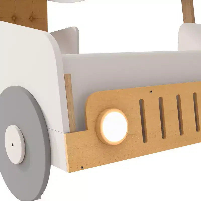 Autobett aus Holz mit Kissen, Betthimmel und LED - Natur