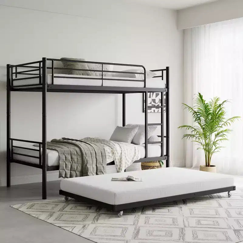 Litera para dos personas con cama nido, de metal, con escalera y barandilla de longitud completa, silenciosa, no requiere somier, negra
