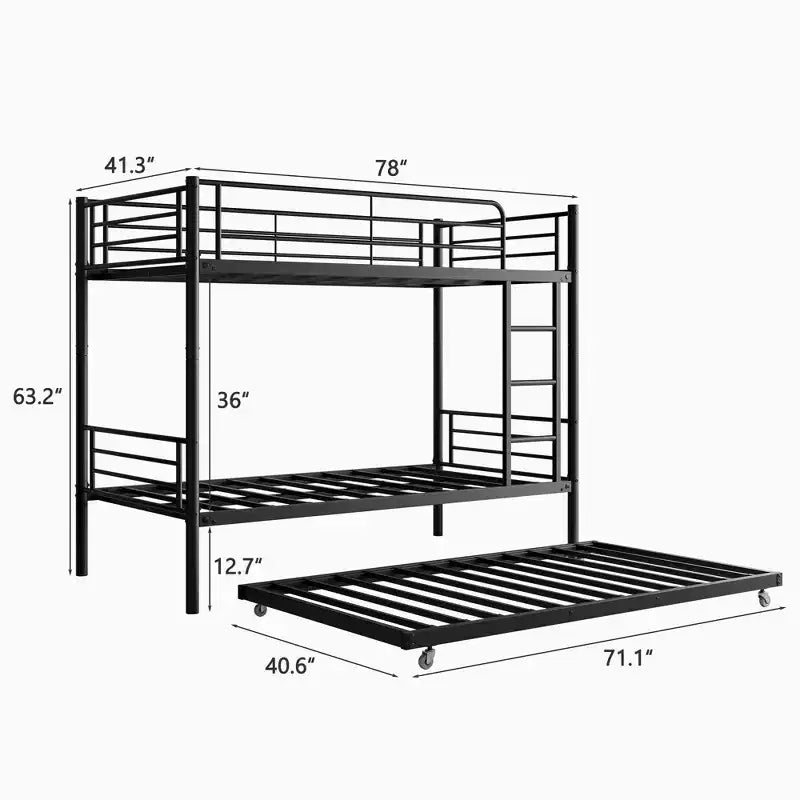 Litera para dos personas con cama nido, de metal, con escalera y barandilla de longitud completa, silenciosa, no requiere somier, negra