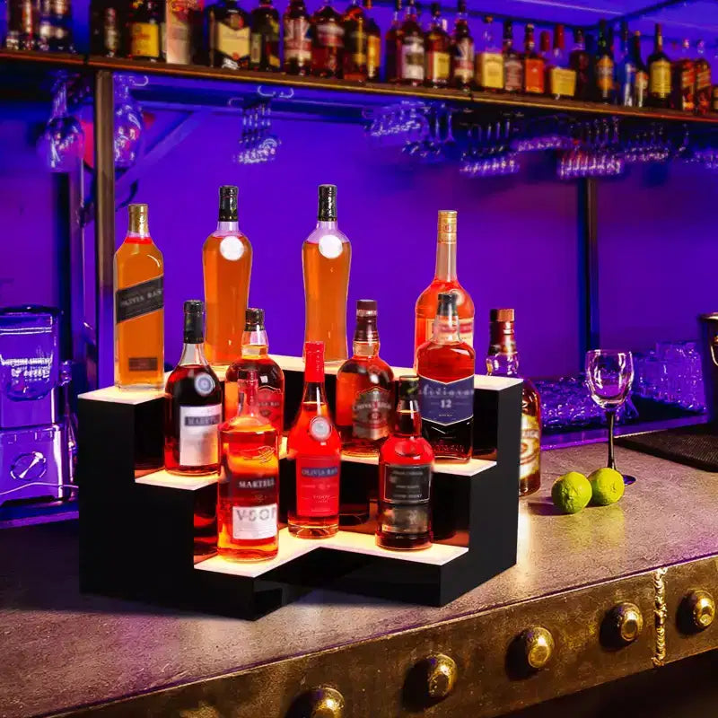 Présentoir à bouteilles d’alcool, à 3 niveaux, en acrylique éclairé, de 20 pouces, avec télécommande et commande par application
