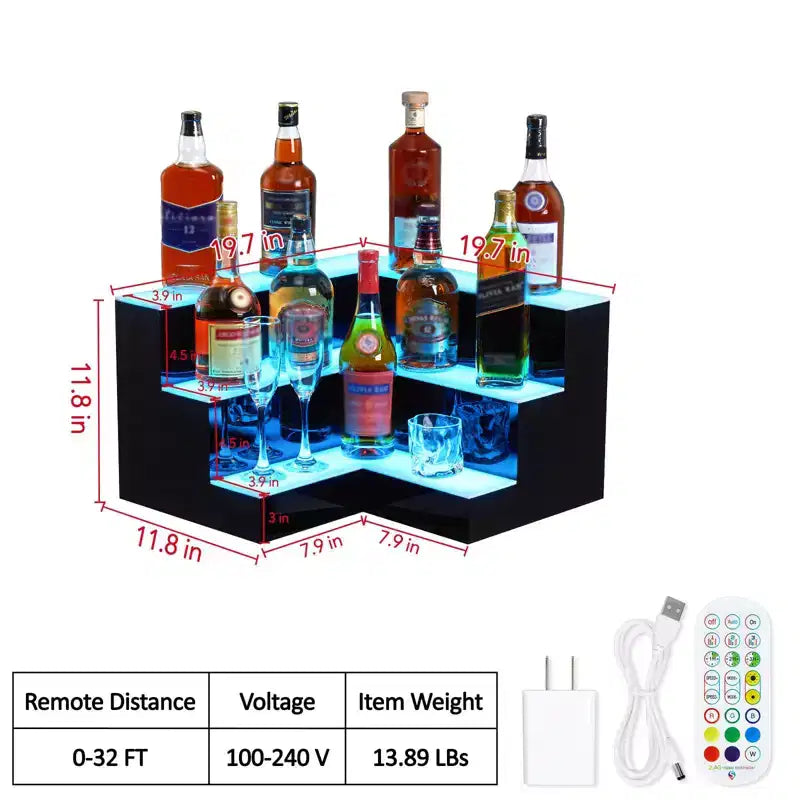 Regal zur Präsentation von Spirituosenflaschen, dreistöckige beleuchtete Flaschenvitrine aus Acryl, 20 Zoll, mit Fernbedienung und App-Steuerung
