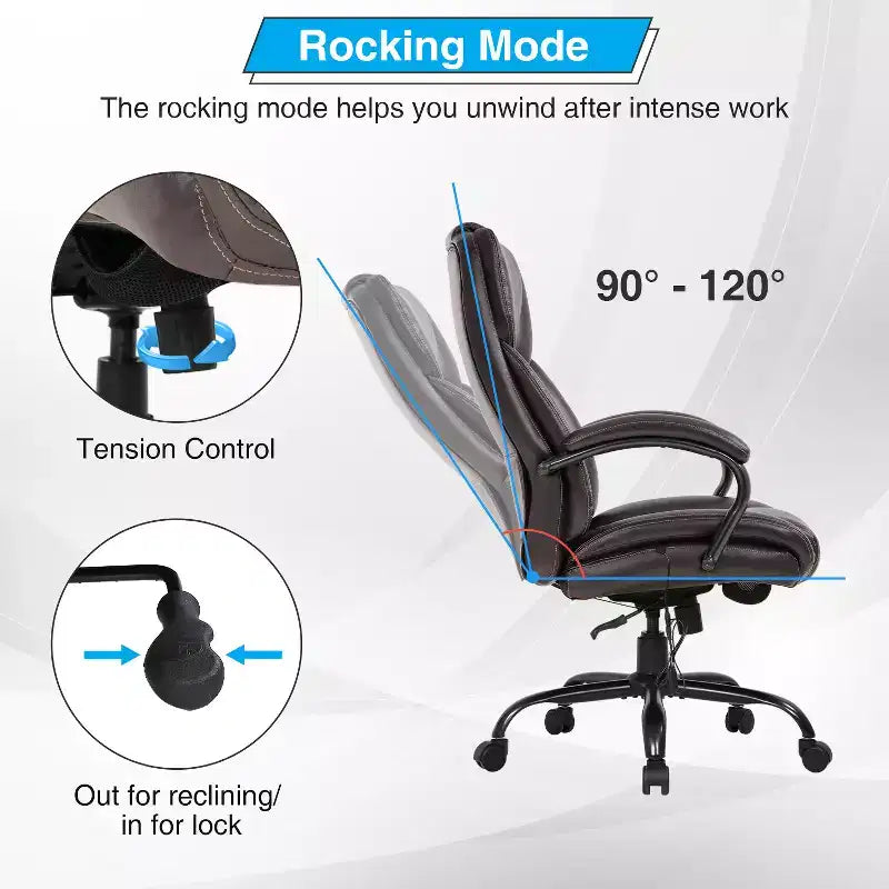 Fauteuil de bureau pour personnes de grande taille, capacité de 500 lbs, fauteuil de direction et chaise d’ordinateur avec soutien lombaire