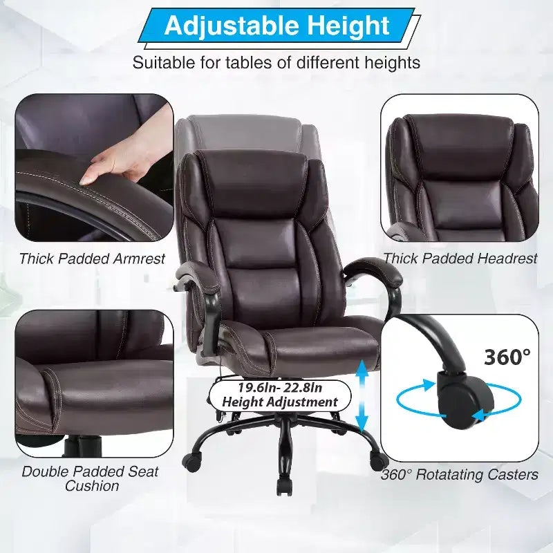 Fauteuil de bureau pour personnes de grande taille, capacité de 500 lbs, fauteuil de direction et chaise d’ordinateur avec soutien lombaire