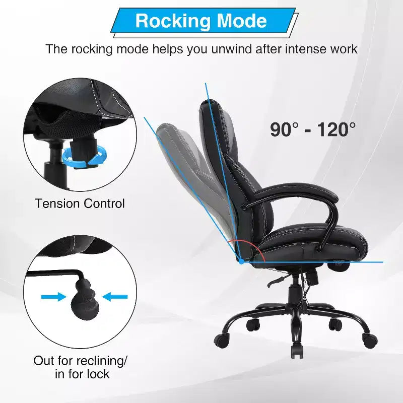 Fauteuil de bureau pour personnes de grande taille, capacité de 500 lbs, fauteuil de direction et chaise d’ordinateur avec soutien lombaire