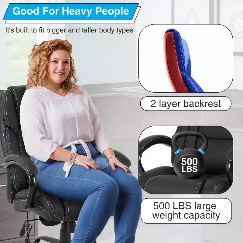 Fauteuil de bureau pour personnes de grande taille, capacité de 500 lbs, fauteuil de direction et chaise d’ordinateur avec soutien lombaire