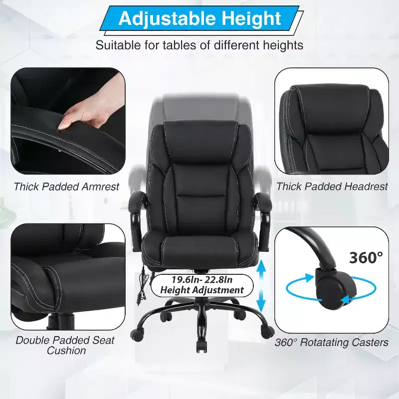 Fauteuil de bureau pour personnes de grande taille, capacité de 500 lbs, fauteuil de direction et chaise d’ordinateur avec soutien lombaire