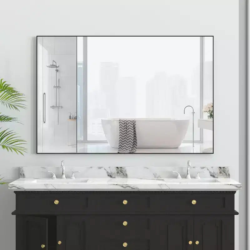 Espejo de baño moderno de 48x32 con marco negro: extragrande, de aluminio, para montaje en pared, vertical/horizontal