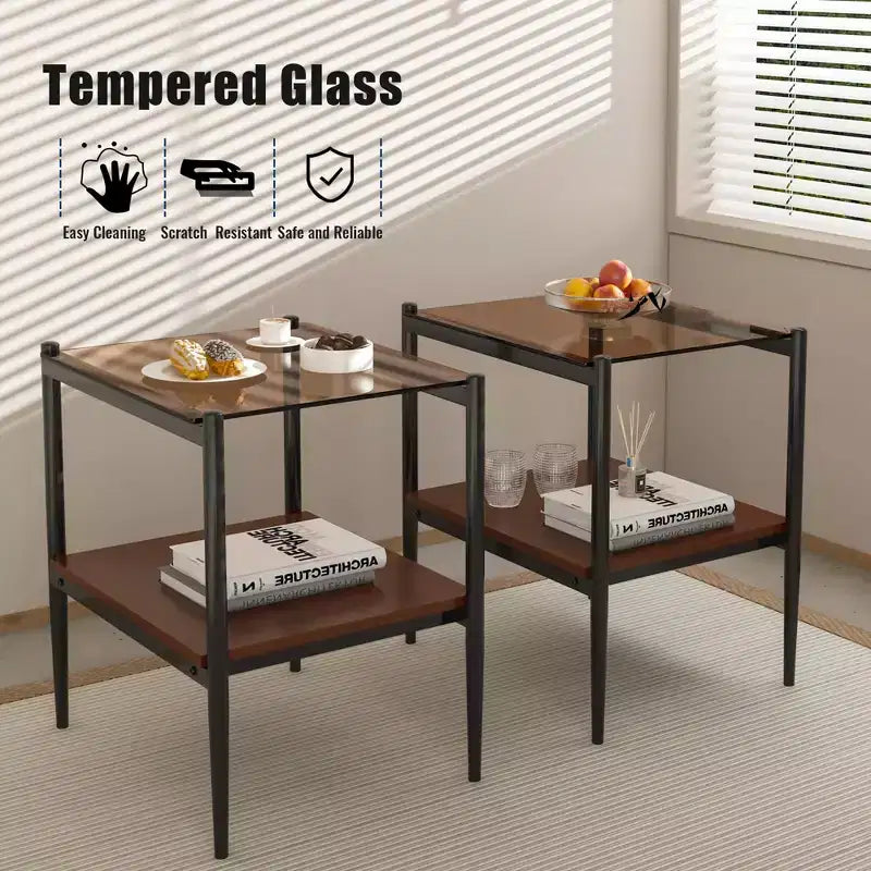 Set aus 2 rechteckigen Beistelltischen mit Tischplatte aus gehärtetem Glas, für das Wohnzimmer, braunes Glas