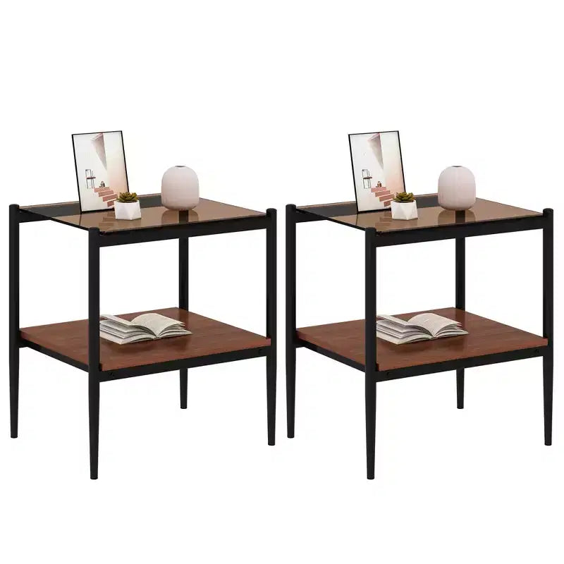Set aus 2 rechteckigen Beistelltischen mit Tischplatte aus gehärtetem Glas, für das Wohnzimmer, braunes Glas