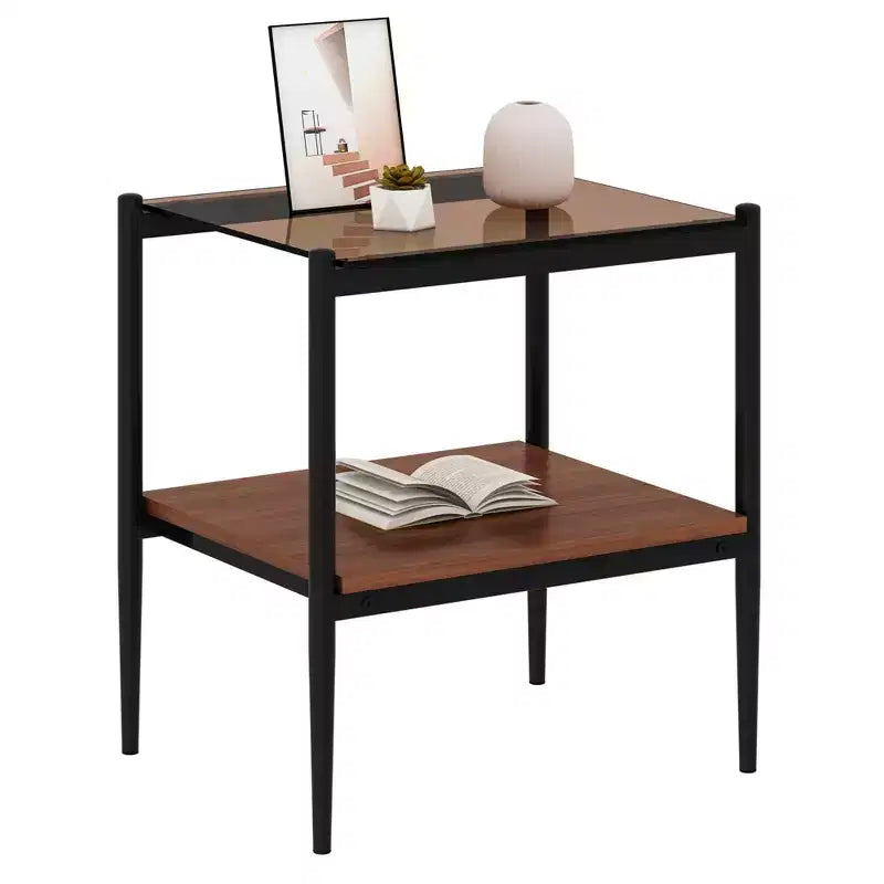 Set aus 2 rechteckigen Beistelltischen mit Tischplatte aus gehärtetem Glas, für das Wohnzimmer, braunes Glas