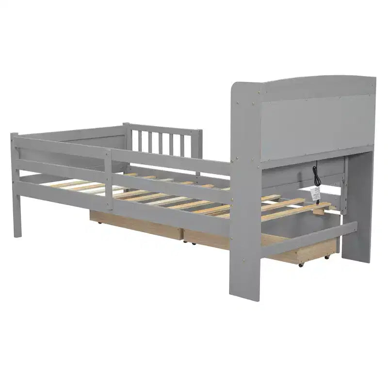 Holz-Plattformbett in Twin-Größe mit integrierter LED-Beleuchtung, multifunktionalem Kopfteil, Rausfallschutz und Schubladen