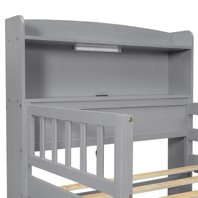Holz-Plattformbett in Twin-Größe mit integrierter LED-Beleuchtung, multifunktionalem Kopfteil, Rausfallschutz und Schubladen
