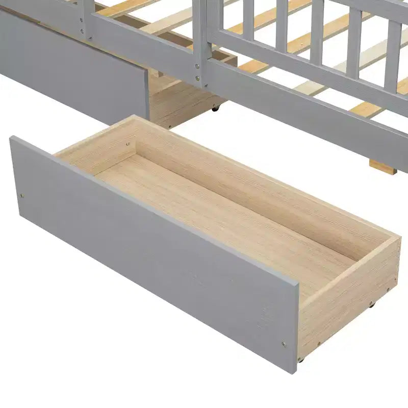 Holz-Plattformbett in Twin-Größe mit integrierter LED-Beleuchtung, multifunktionalem Kopfteil, Rausfallschutz und Schubladen